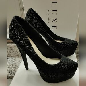 NIB Sz8 Justfab Luxe Glitzy Black Rhinestone Turlington 5" Platform Heels